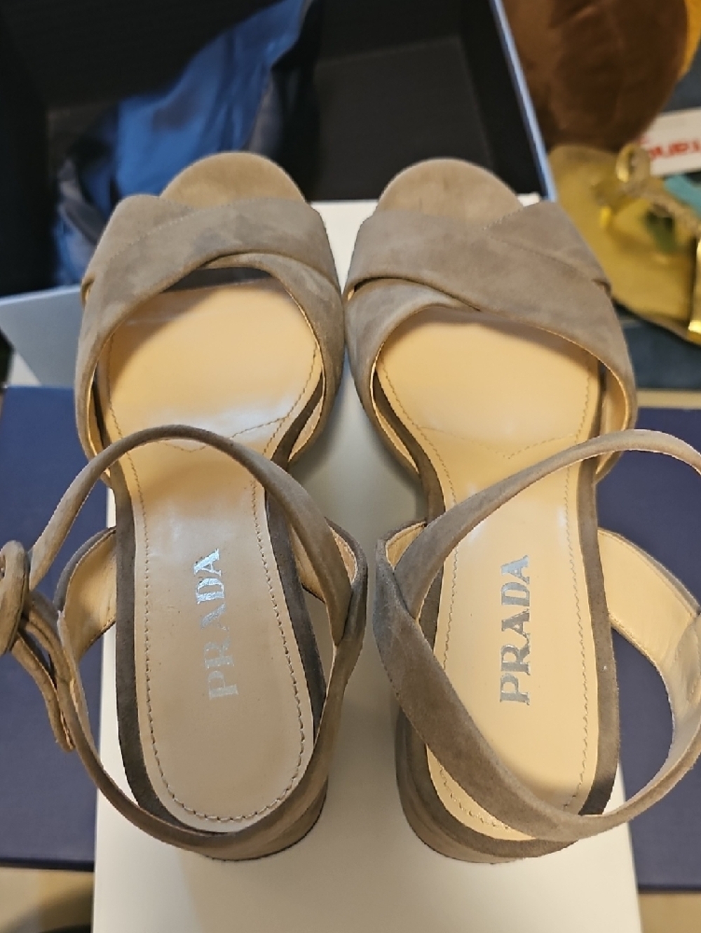 Prada Taupe Suede Crisscross Ankle-Strap Heels - Picture 6 of 7